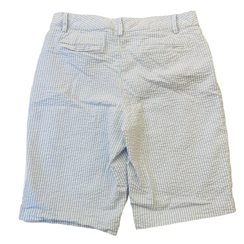 Land’s End Light Blue White Stripe Seersucker Mid Rise Bermuda Shorts Sz 10